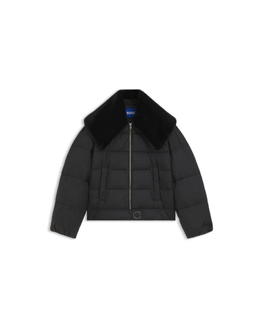 HUGO Black Water-Repellent Puffer Jacket With Detachable Faux-Fur Collar