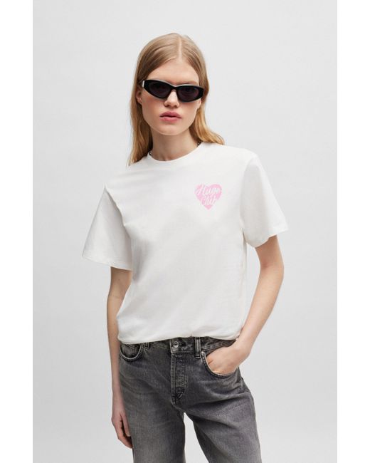 HUGO Relaxed-fit T-shirt Van Katoenen Jersey Met Artwork Van Strassteentjes in het White