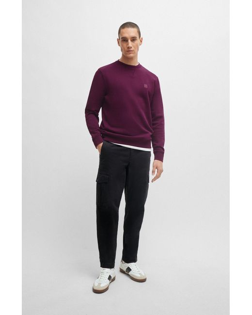 Boss Purple Cotton-terry Relaxed-fit Sweatshirt With Logo Patch for men