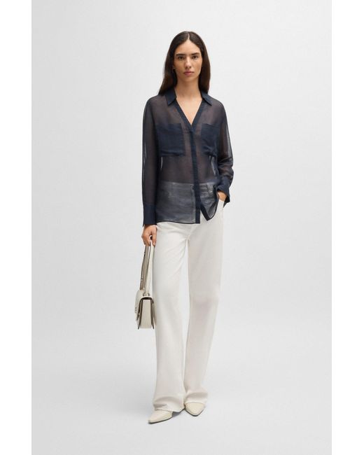 Boss Blue Bluse Aus Ramie Mit V-Ausschnitt Und Kragen