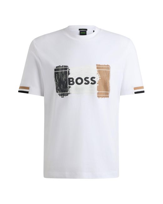 Boss White Cotton-jersey T-shirt With Signature Artwork for men