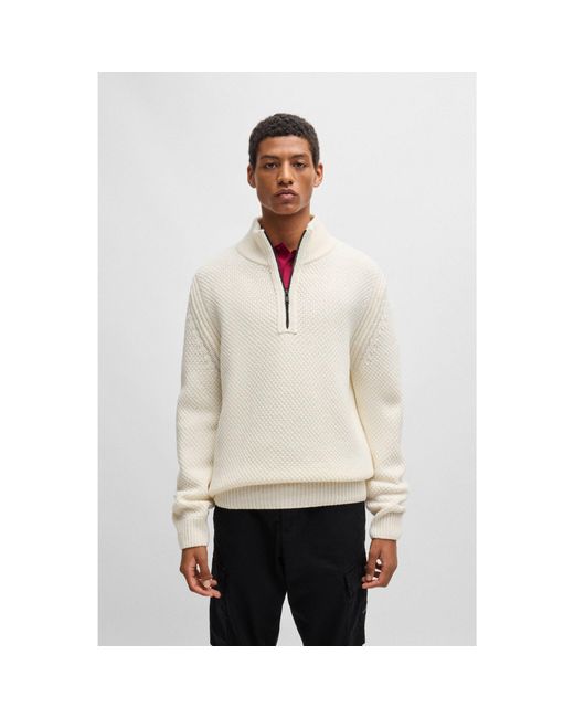 Boss White Zip-Neck Sweater for men