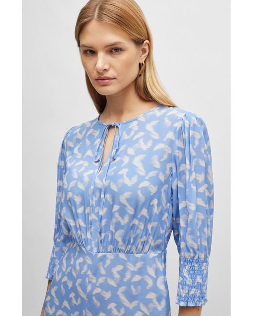 Boss Blue Tie-neck Dress With Cropped Sleeves