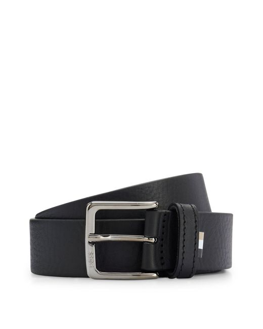 Boss Black Grained Italian-leather Belt With Signature-stripe Trim for men