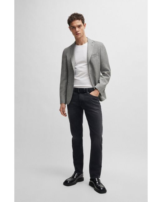 Boss Gray Slim-fit Jacket In Patterned Virgin Wool And Linen for men