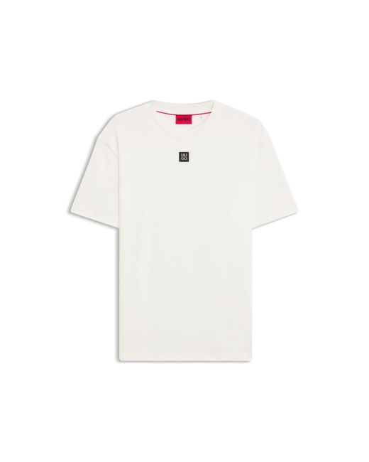 HUGO White Interlock-Cotton T-Shirt With Metallic Stacked-Logo Badge for men