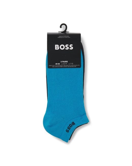 Boss Blue Five-Pack Of Cotton-Blend Ankle Socks With Branding for men