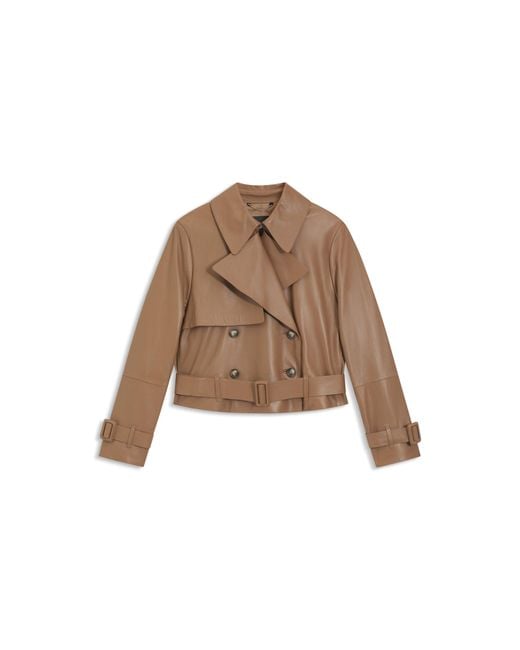Boss Brown Trench-Style Leather Jacket With Tie-Up Belt