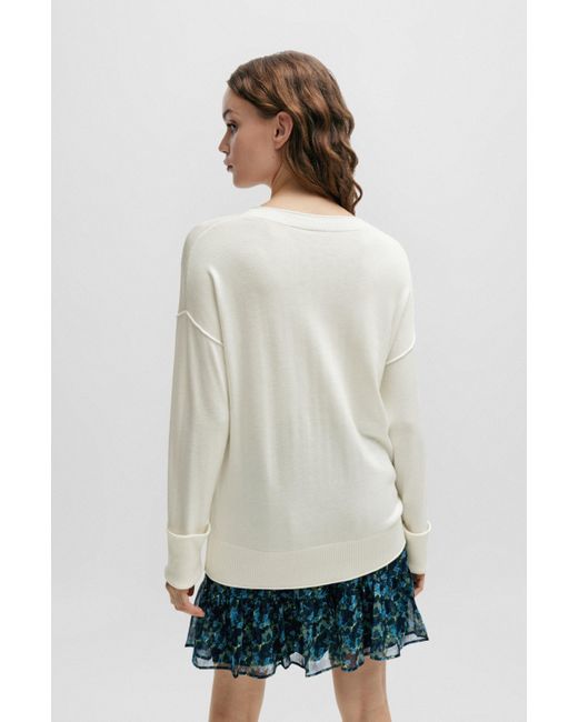 Boss White Crew-neck Sweater With Slit Cuffs