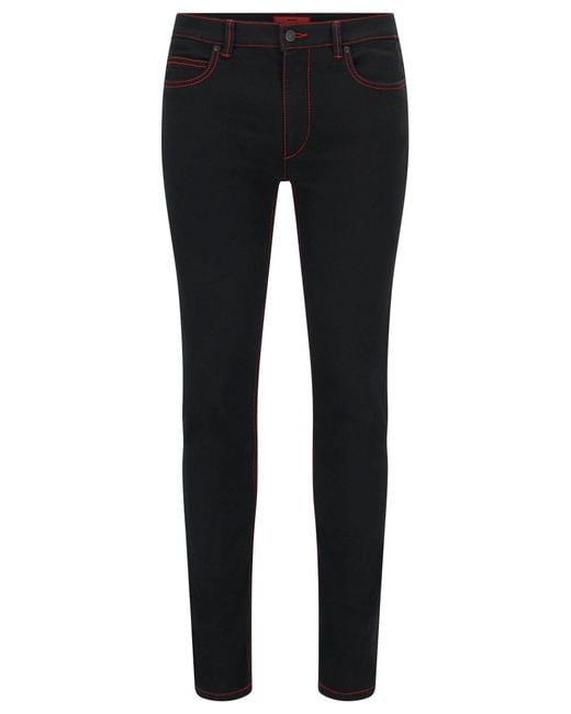 HUGO Black Skinny-fit Jeans With Red Stitching for men