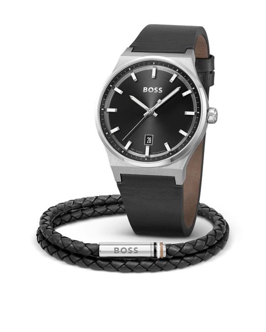 Boss Gift-boxed Black-dial Watch And Braided-leather Cuff for men