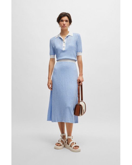 Boss Blue Linen-blend Dress With Button Placket