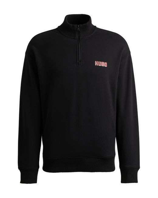HUGO Black Logo-print Zip-neck Sweatshirt In Cotton Terry for men