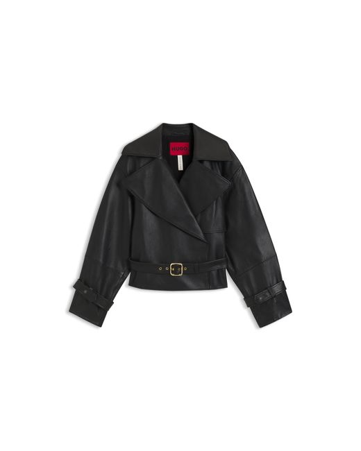 HUGO Black Relaxed-Fit Leather Jacket With Belt