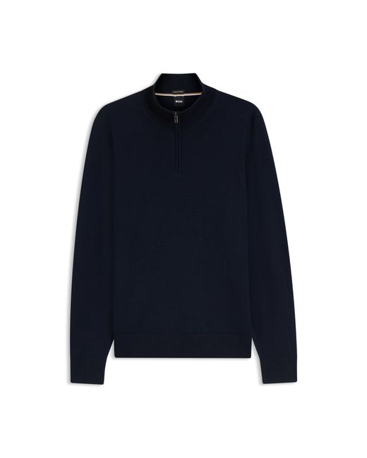 Boss Blue Merino-Wool Sweater With Zip Neck for men