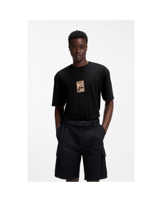 HUGO Black Cotton-Jersey T-Shirt With Embroidered Badge for men