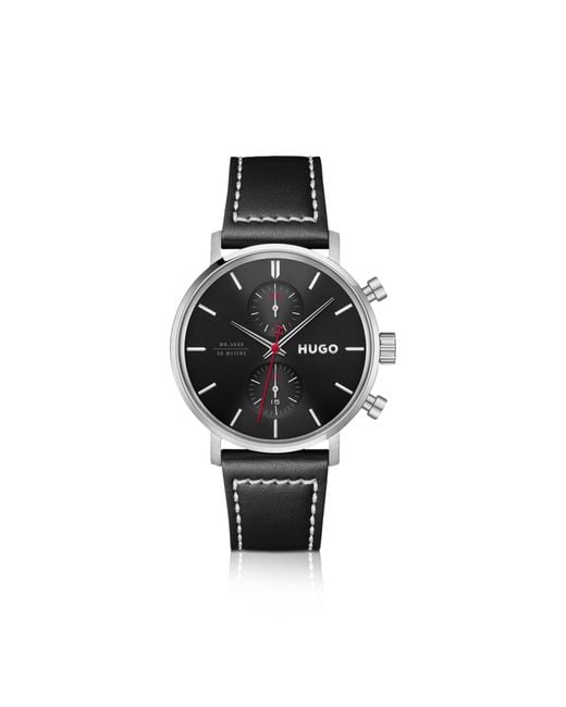 HUGO Black #Takeoff-Dial Watch With Stitched Leather Strap for men