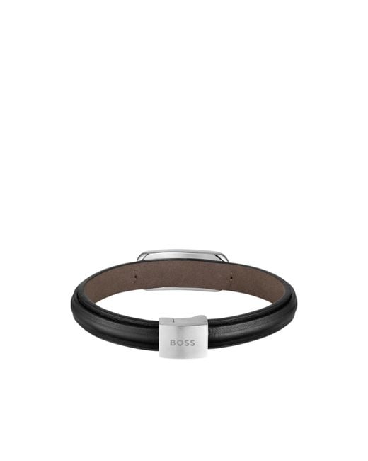 Boss Brown Layered Leather Cuff With Branded-Tone Link for men