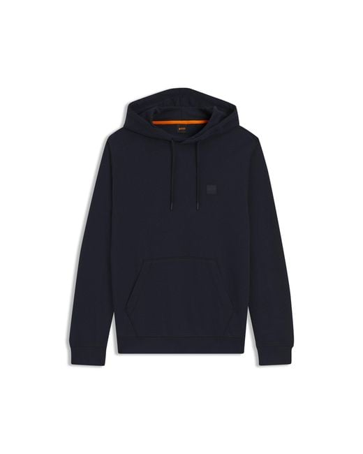 Boss Blue Cotton-Terry Hoodie With Logo Patch for men