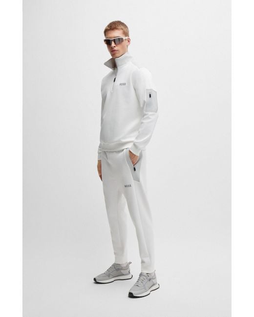 Boss Sweatshirt aus Baumwoll-Mix mit Troyerkragen und erhabenem 3D-Logo in White für Herren