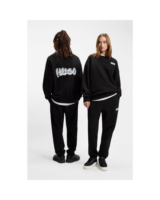 HUGO Black All-Gender Cotton-Terry Sweatshirt With Logo Prints for men