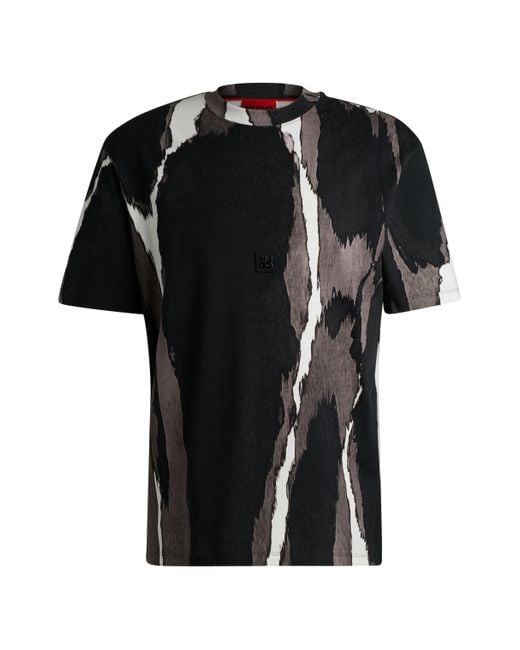 HUGO Black Cotton-jersey T-shirt With Seasonal Print And Stacked Logo for men