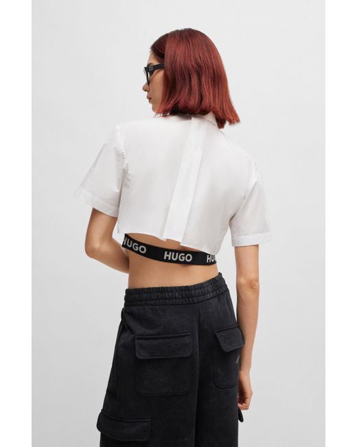 HUGO White Regular-Fit Bluse in Cropped-Länge mit elastischem Logo-Band hinten