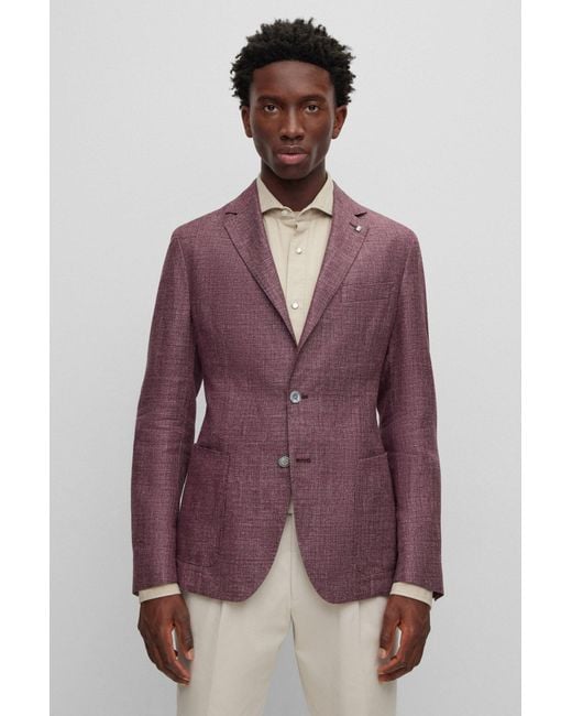 Boss Purple Slim-fit Jacket In Patterned Linen And Virgin Wool for men
