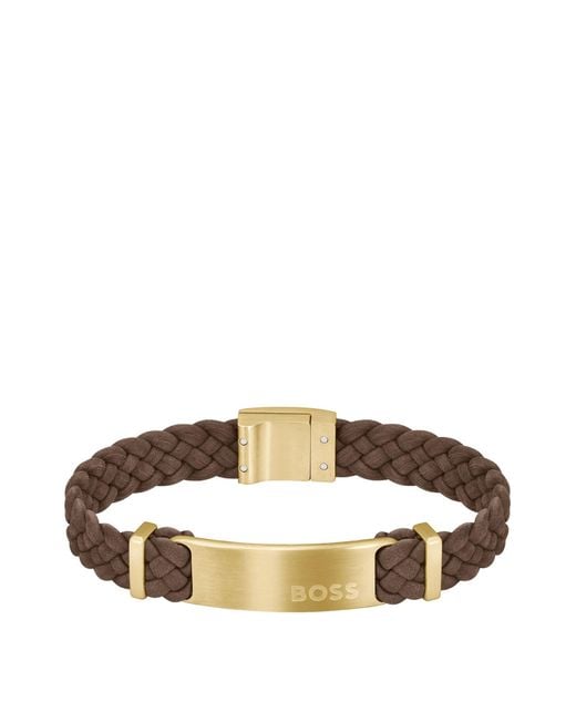 Boss Brown-suede Braided Cuff With Logo Plate for men