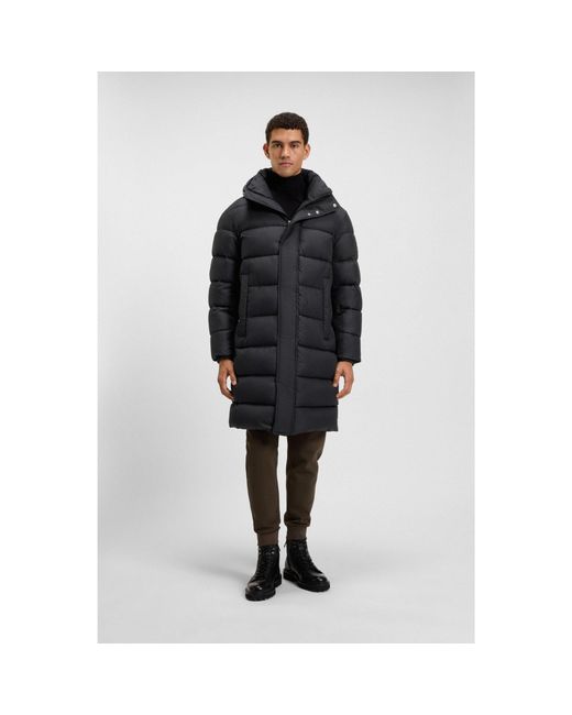 Boss Black Longline Water-Repellent Padded Jacket With Hood for men
