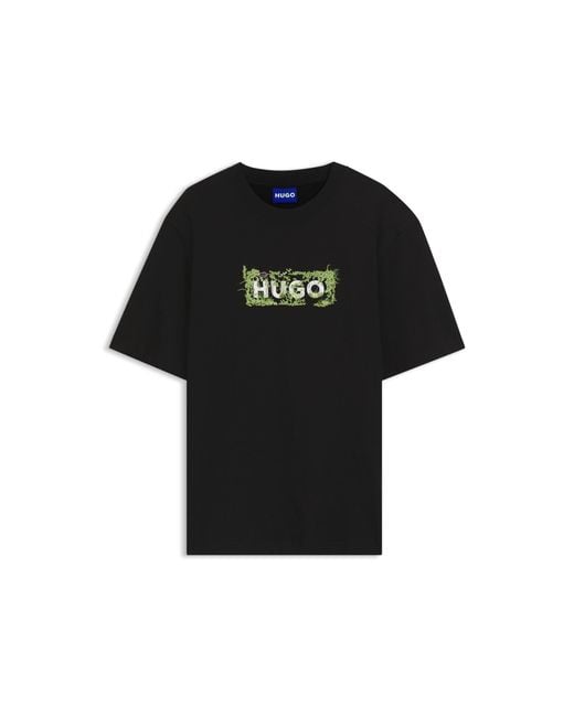 HUGO Black Cotton T-Shirt With Embroidered Logo Artwork for men