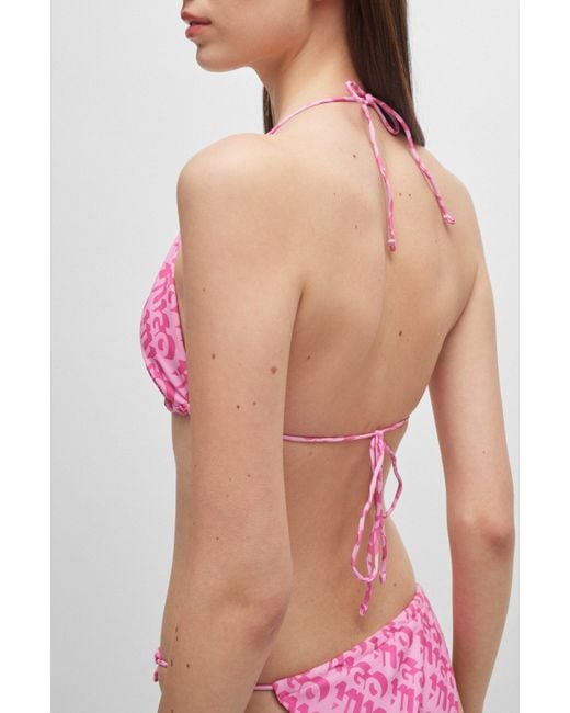 HUGO Pink Triangle Bikini Top With Repeat Logo Print