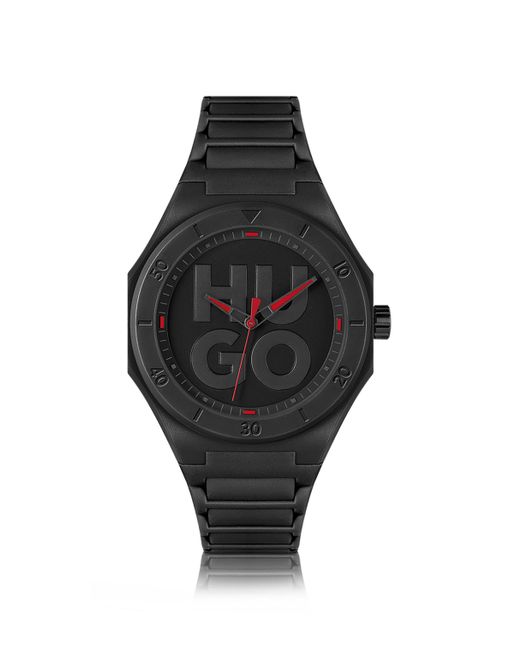HUGO Schwarze Uhr mit Silikonarmband und Stack-Logo-Zifferblatt in Black für Herren