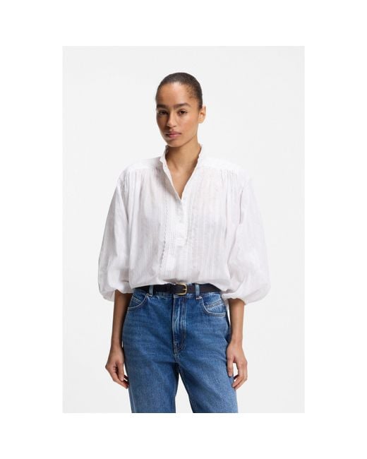Boss White Relaxed-Fit Cotton Blouse With Balloon Sleeves