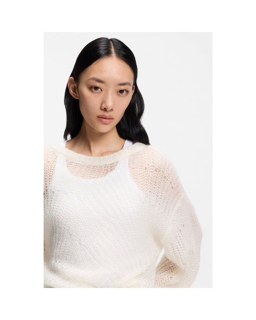 Boss White Wool-Blend Sweater With Open Knit