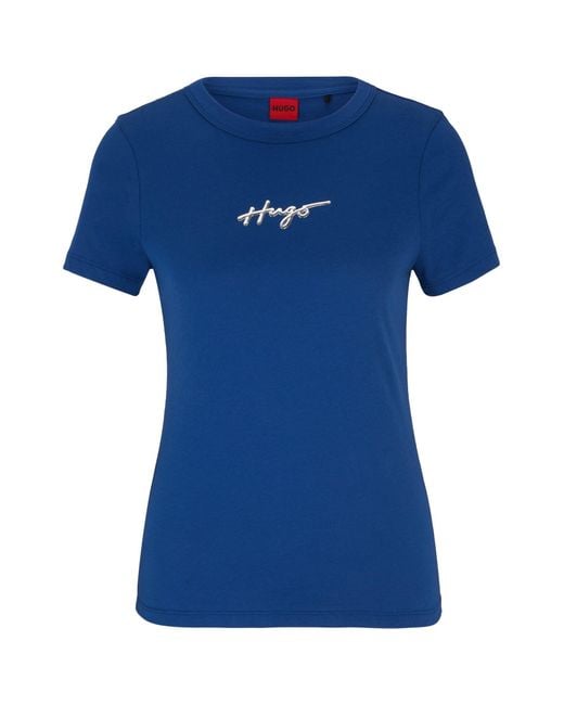 HUGO Blue Cotton-jersey T-shirt With Metallic-effect Handwritten Logo