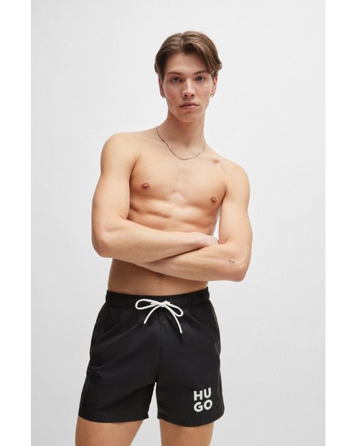 HUGO Black Quick-dry Swim Shorts With Stacked-logo Print for men