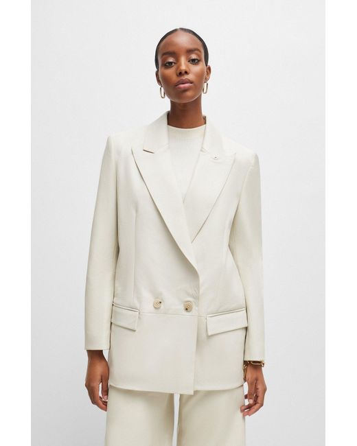 Boss White Longline Double-breasted Jacket In Leather