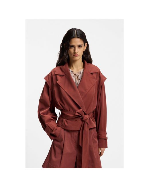 Boss Red Cropped Trench Jacket With Belt
