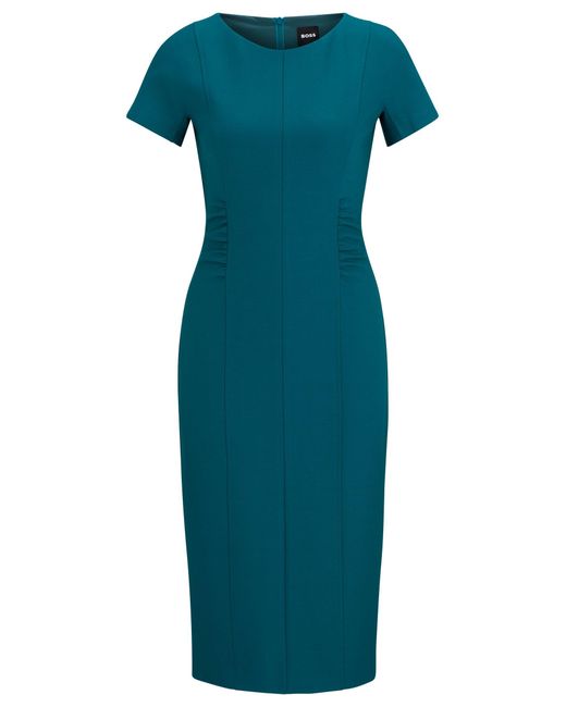Robe habillée fendue sur le devant avec fronces Boss en coloris Blue