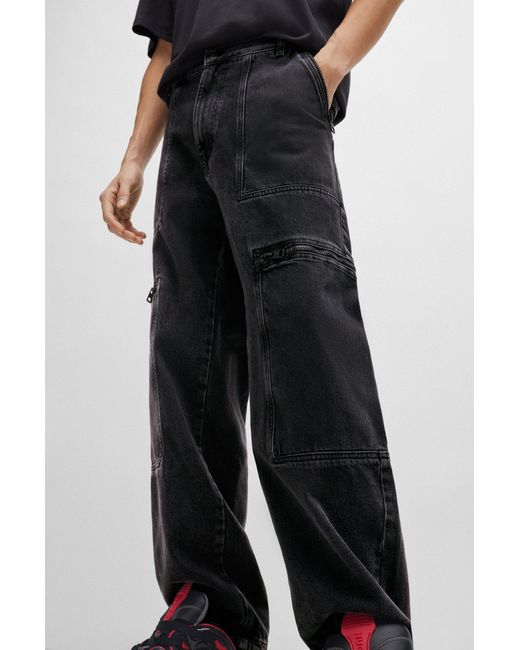 HUGO Loose-fit Jeans In Black Denim With Adjustable Hems for men