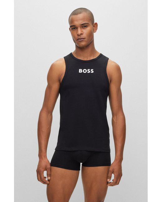 Boss Black Stretch-cotton Racer-back Tank Top With Contrast Logo for men