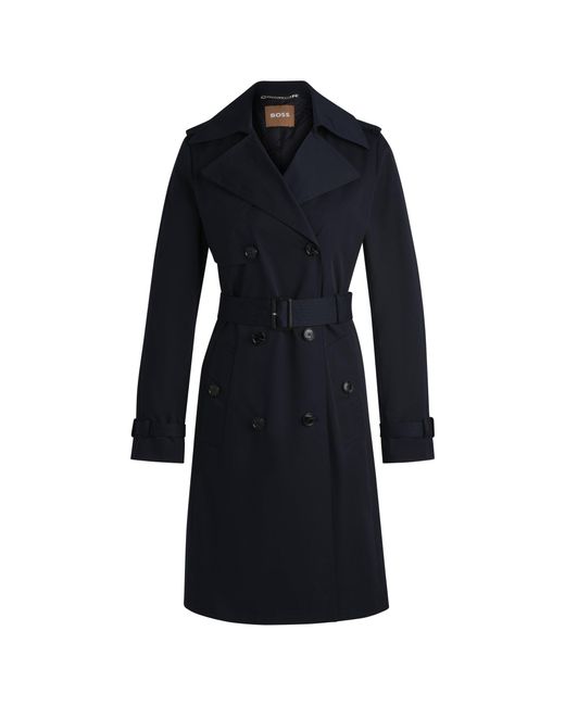 Boss Blue Double-Breasted Trench Coat With Buckled Belt