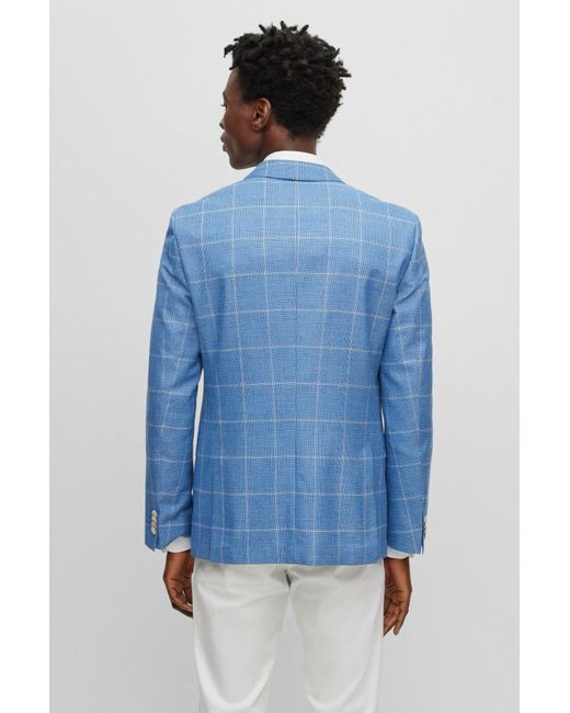Boss Blue Slim-fit Jacket In Checked Cloth With Partial Lining for men