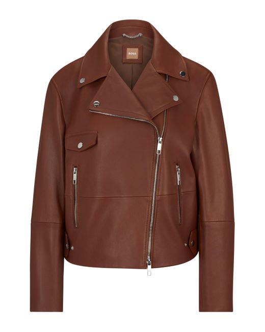 Boss Brown Leather Jacket With Signature Lining And Asymmetric Zip