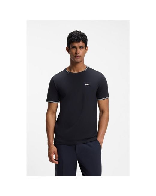 Boss Blue Stretch-Cotton T-Shirt With Stripes And Logo for men
