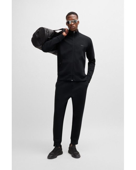 Boss Black Stretch-cotton Zip-up Sweatshirt With Logo Print for men