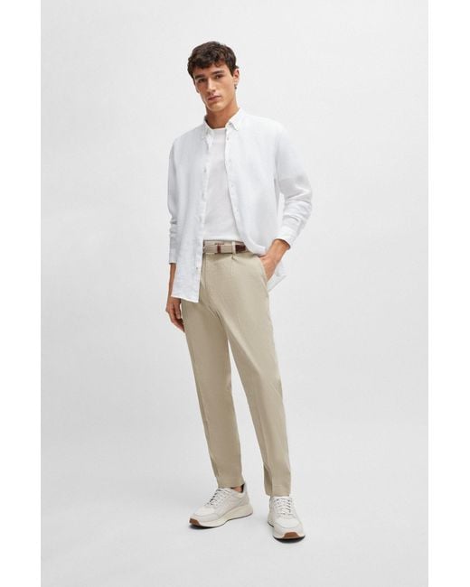 Boss White Regular-fit Linen Shirt With Button-down Collar for men