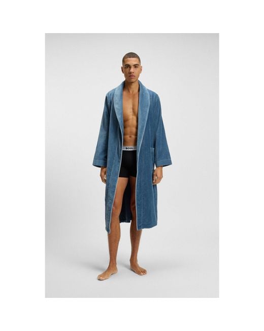 Boss Blue Cotton Dressing Gown With Piping And Embroidered Branding for men