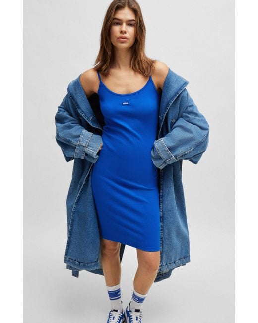HUGO Blue Ärmelloses Kleid aus geripptem Baumwoll-Mix mit Jersey-Struktur